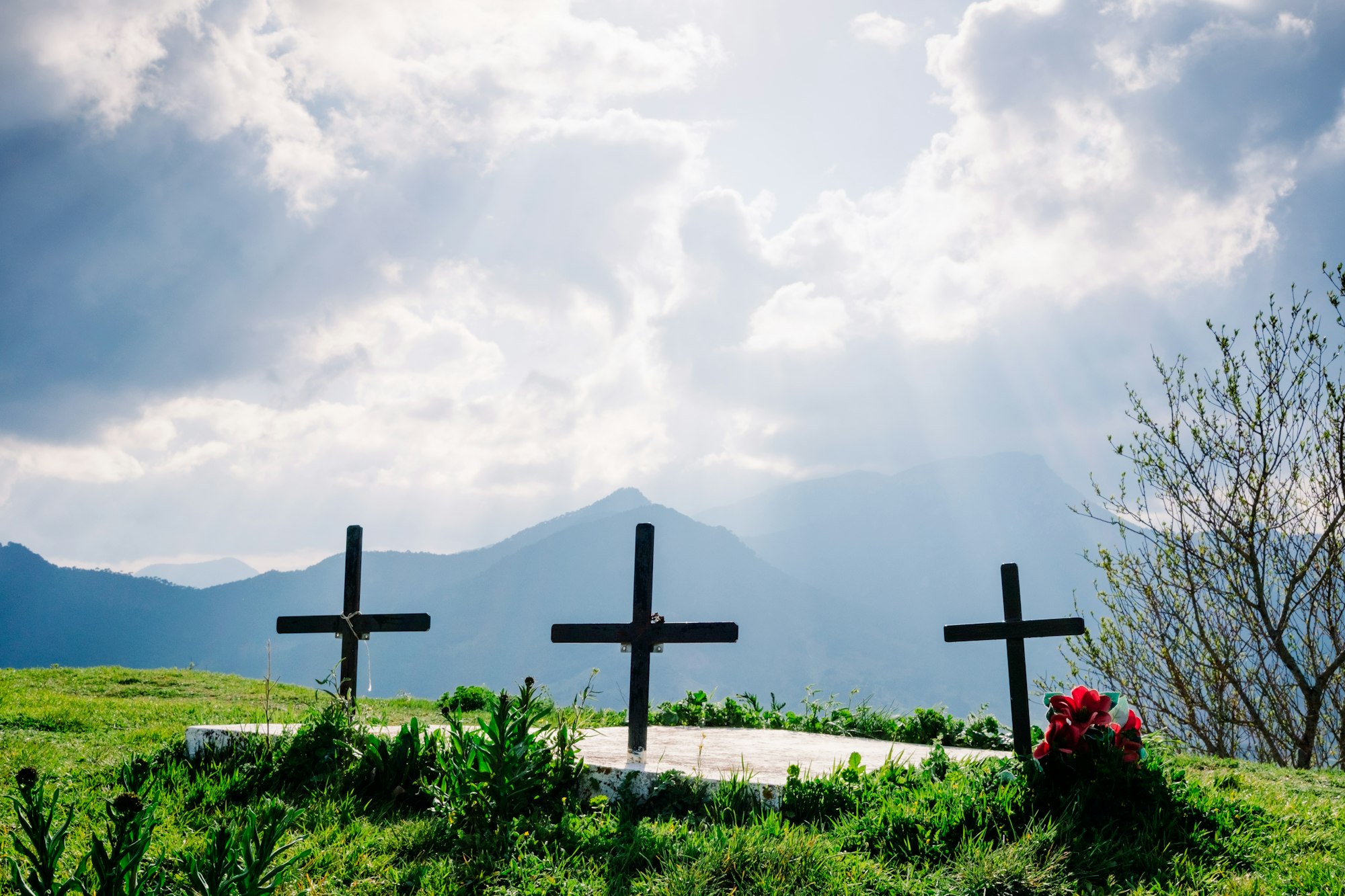 Metaphor of death and oblivion, tombs with crosses on top of a hill.