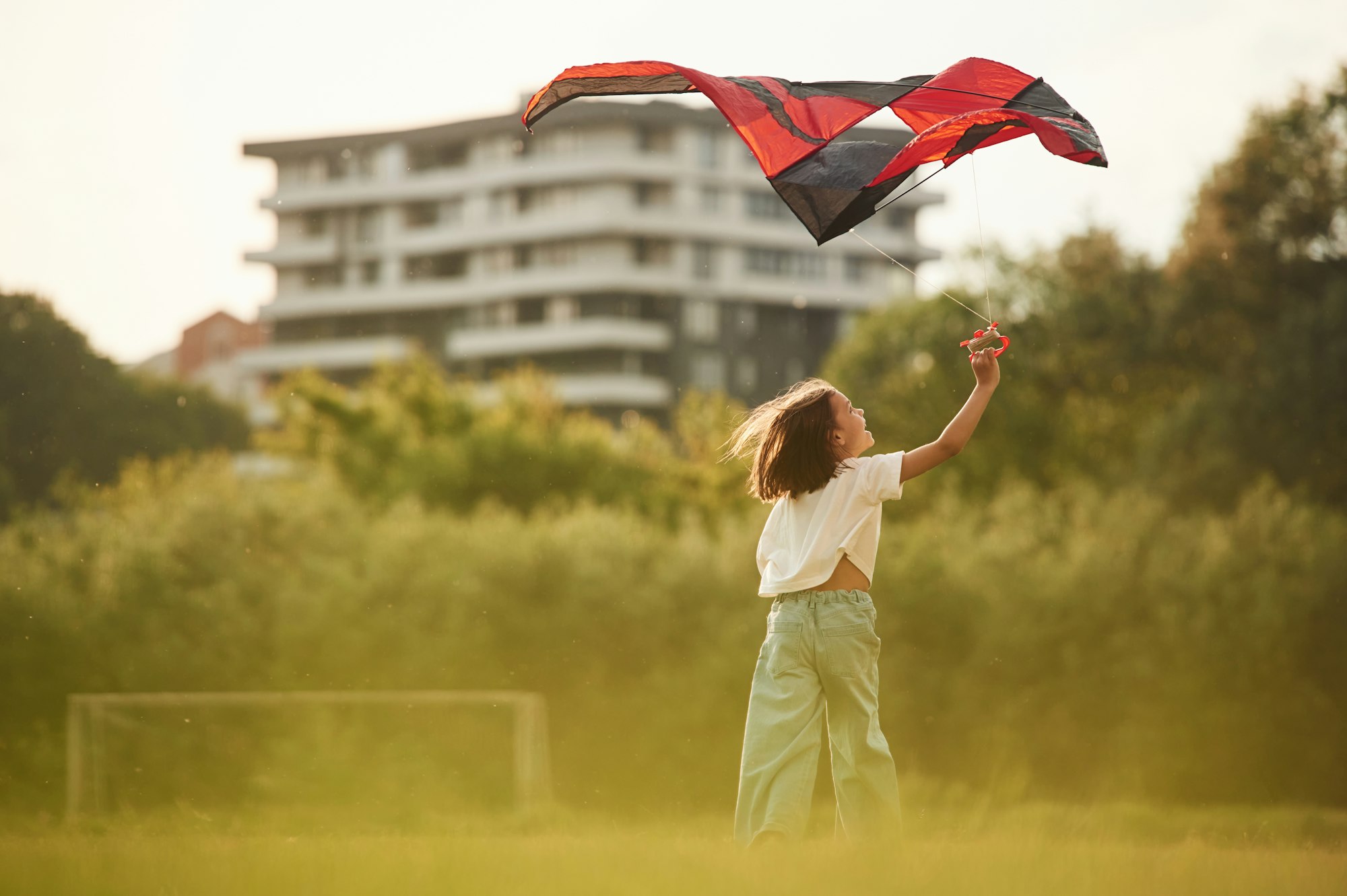 View from behind. Little girl is playing with kite on the field